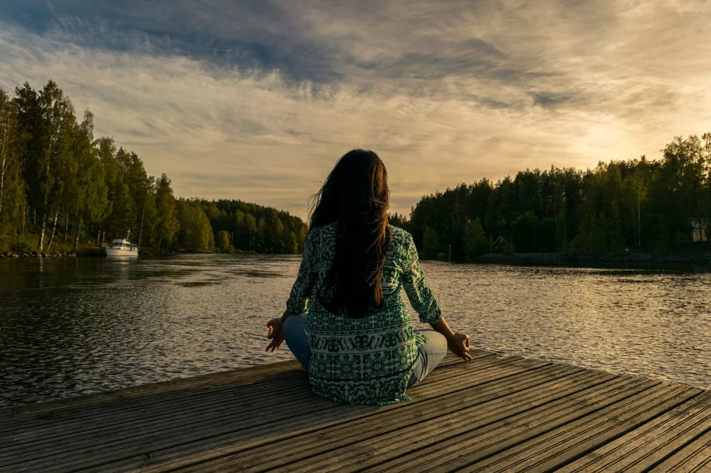 yoga, woman, lake, outdoors, lotus pose, meditation, mindfulness, nature, balance, meditating, wellness, sunset, twilight